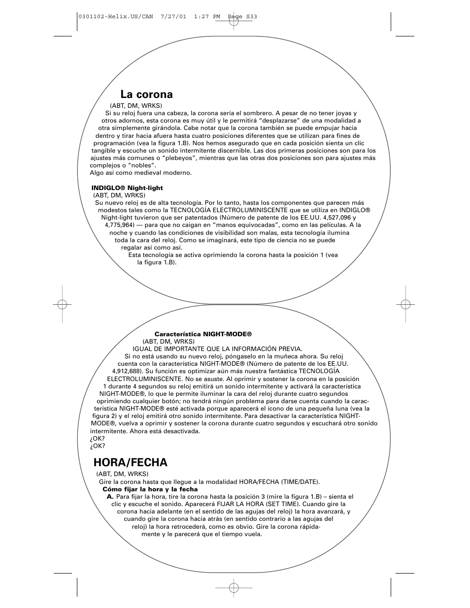 La corona, Hora/fecha | Timex Helix User Manual | Page 33 / 46