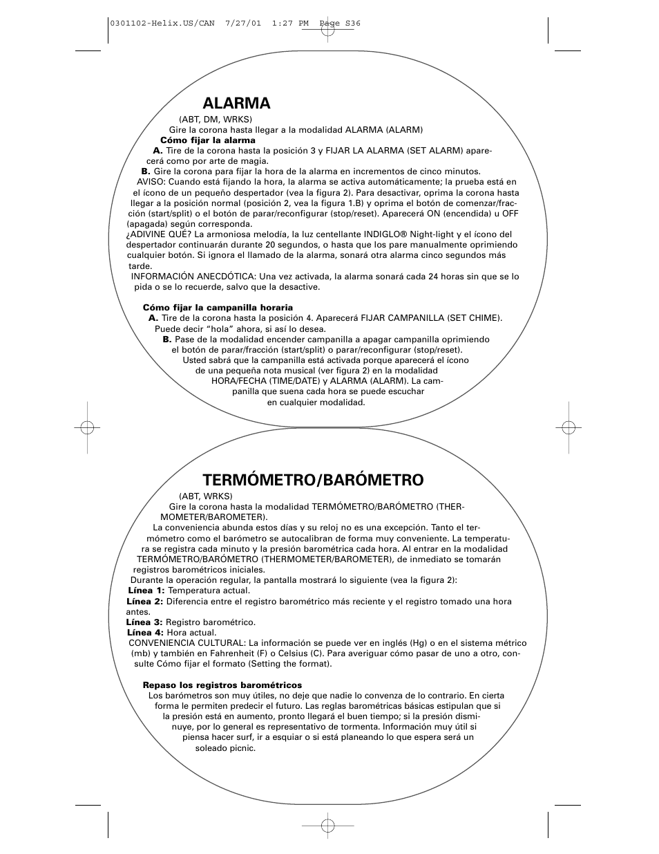 Alarma, Termómetro/barómetro | Timex Helix User Manual | Page 36 / 46
