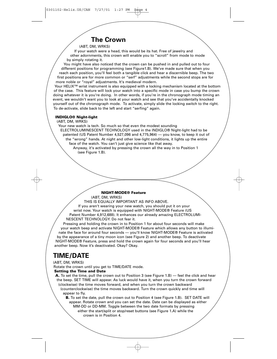 The crown, Time/date | Timex Helix User Manual | Page 4 / 46