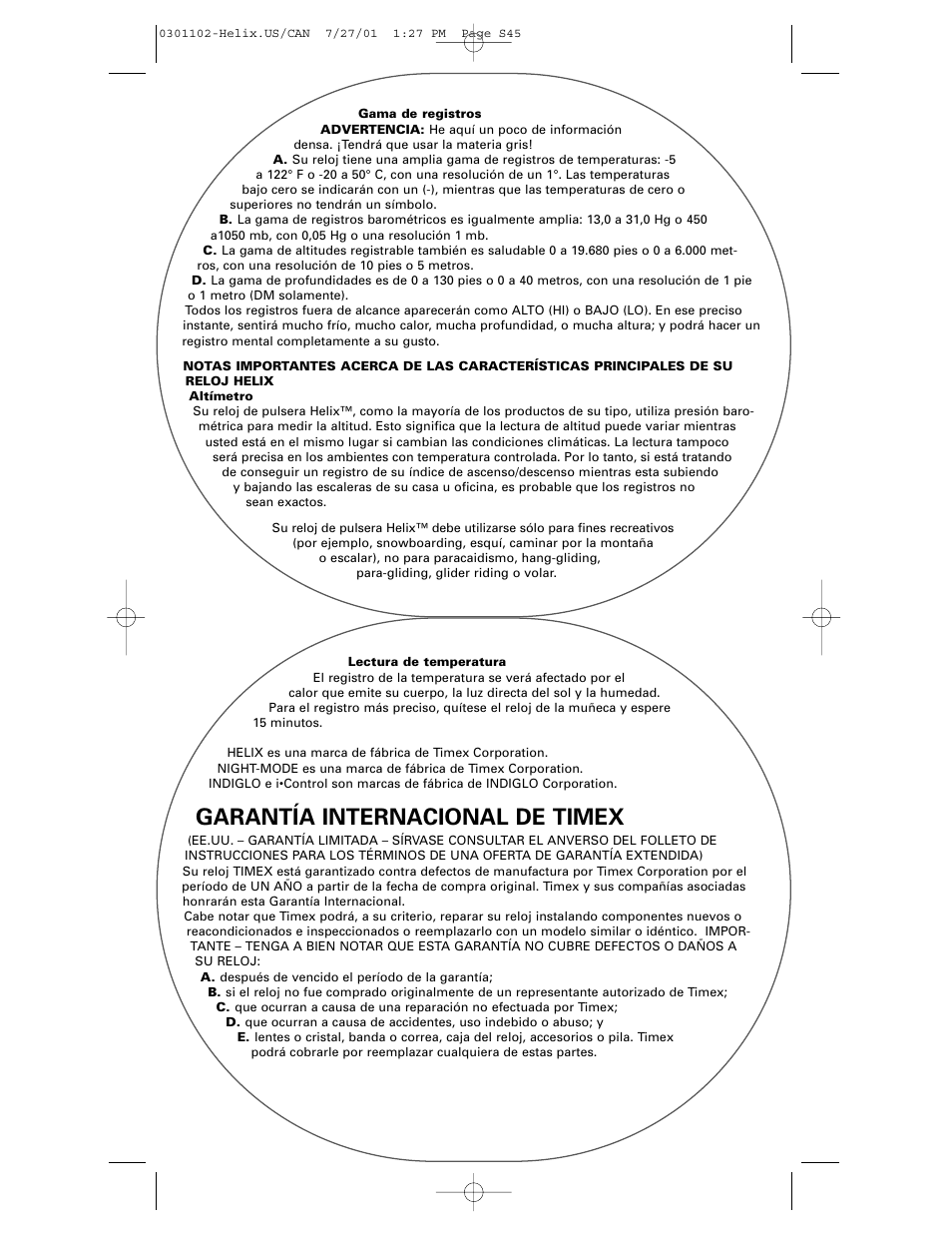 Garantía internacional de timex | Timex Helix User Manual | Page 45 / 46
