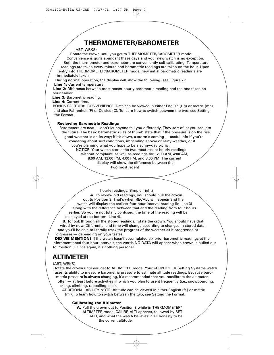 Thermometer/barometer, Altimeter | Timex Helix User Manual | Page 7 / 46