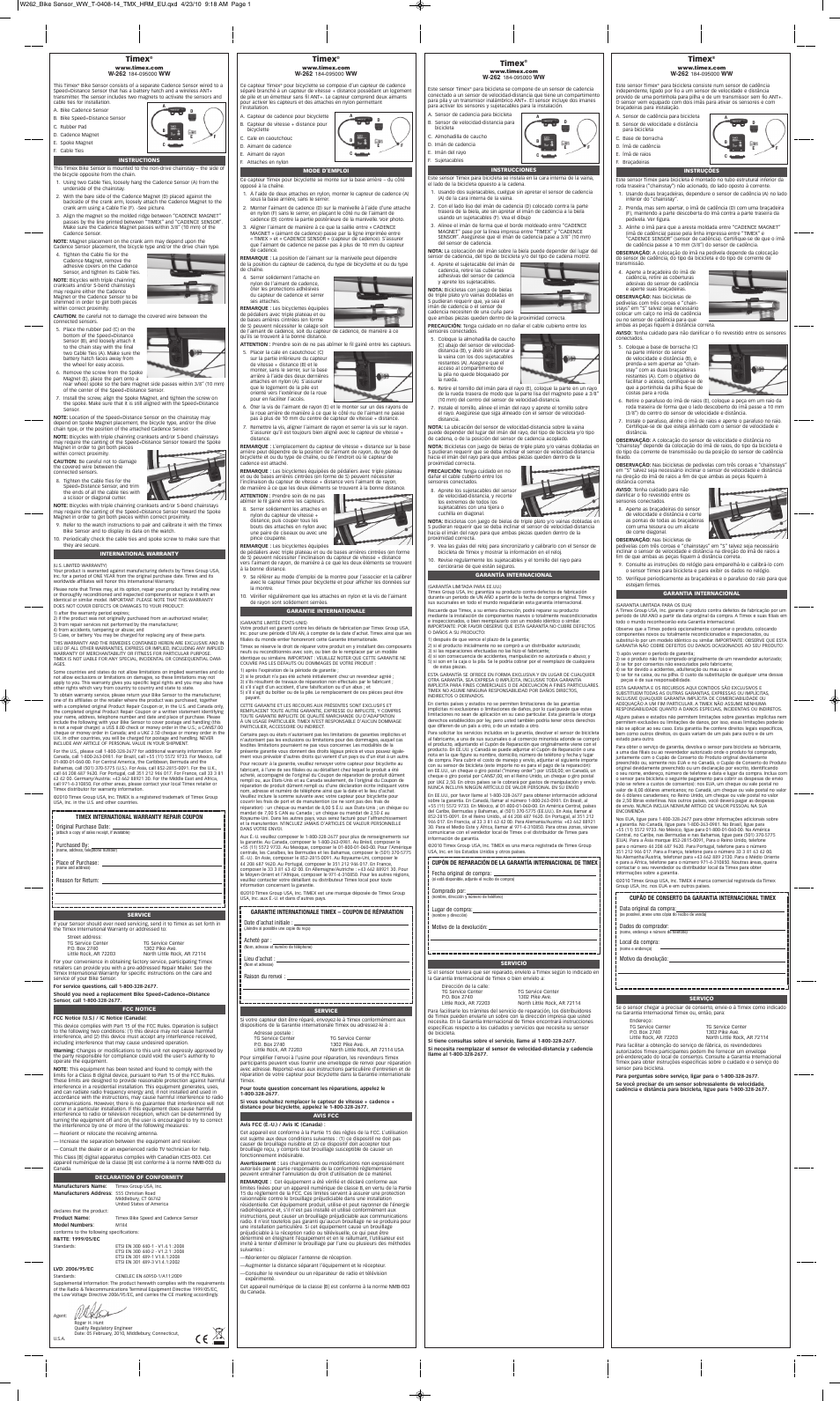 Timex W-262 184-095000 WW User Manual | 2 pages