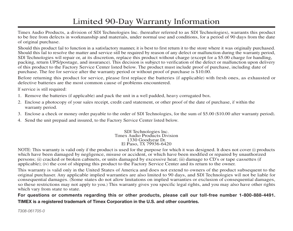 Limited 90-day warranty information | Timex T308 User Manual | Page 12 / 12