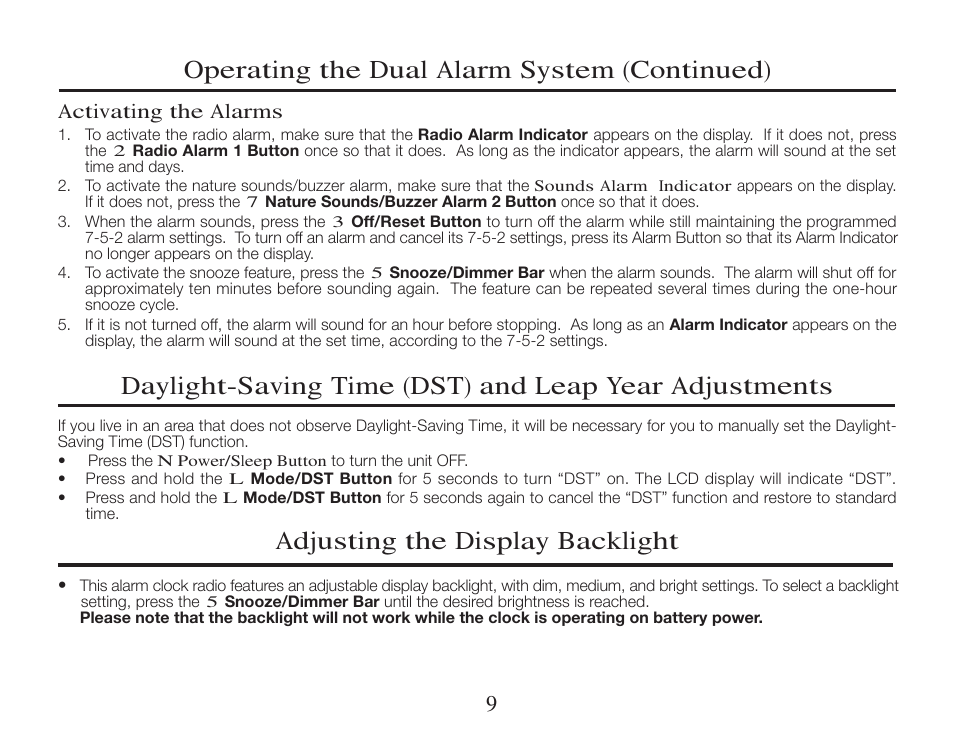 Adjusting the display backlight, Operating the dual alarm system (continued) | Timex T308 User Manual | Page 9 / 12