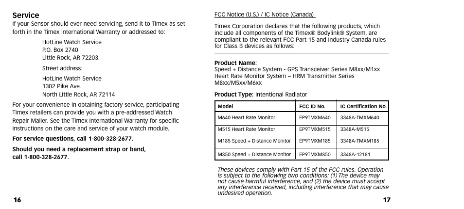 Service | Timex M640 User Manual | Page 10 / 223
