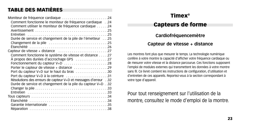Timex, Capteurs de forme | Timex M640 User Manual | Page 13 / 223