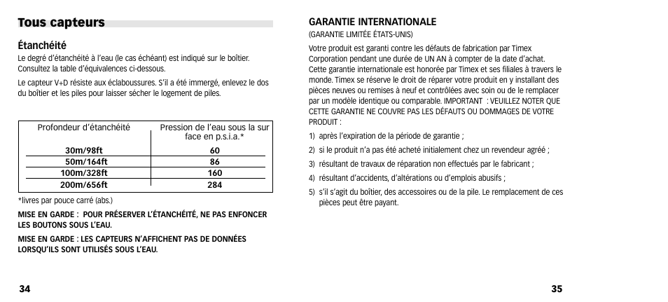 Tous capteurs | Timex M640 User Manual | Page 19 / 223