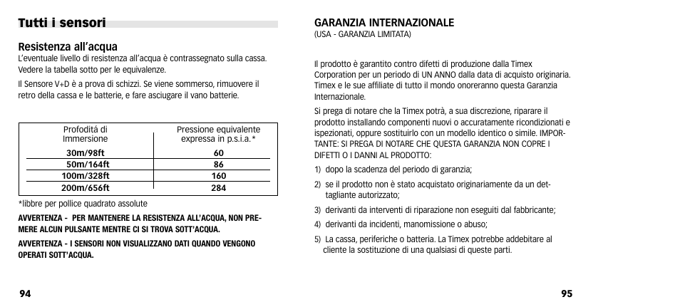 Tutti i sensori, Garanzia internazionale, Resistenza all’acqua | Timex M640 User Manual | Page 49 / 223