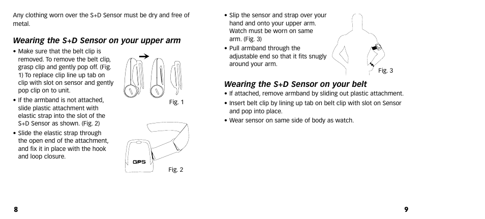 Wearing the s+d sensor on your upper arm, Wearing the s+d sensor on your belt | Timex M640 User Manual | Page 6 / 223