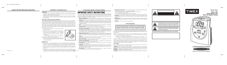 Important safety instructions, Model t622, Caution | Stereo cd clock radio with auto-set digital tuning, Limited 90-day warranty information, A consumer guide to product safety, Installation and maintenance, Risk of electric shock. do not open, Fcc information | Timex T622 User Manual | Page 11 / 12