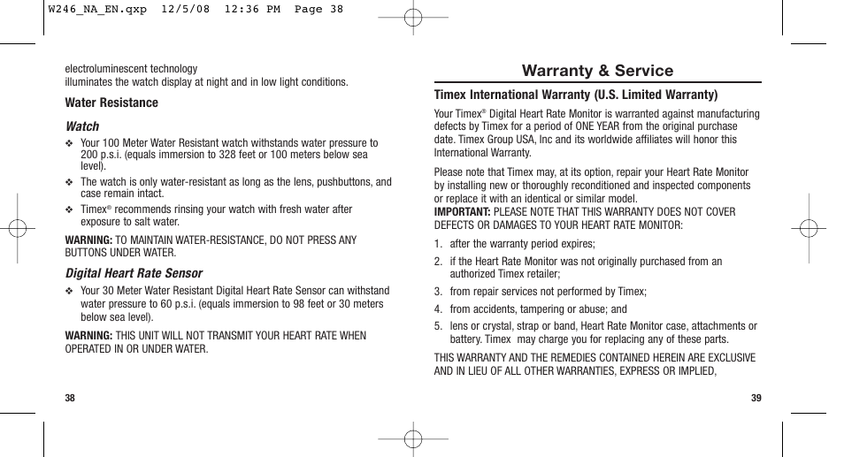 Warranty & service | Timex 811-095000-02NA User Manual | Page 22 / 25