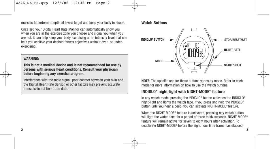 Watch buttons, Indiglo, Night-light with night-mode | Feature | Timex 811-095000-02NA User Manual | Page 4 / 25