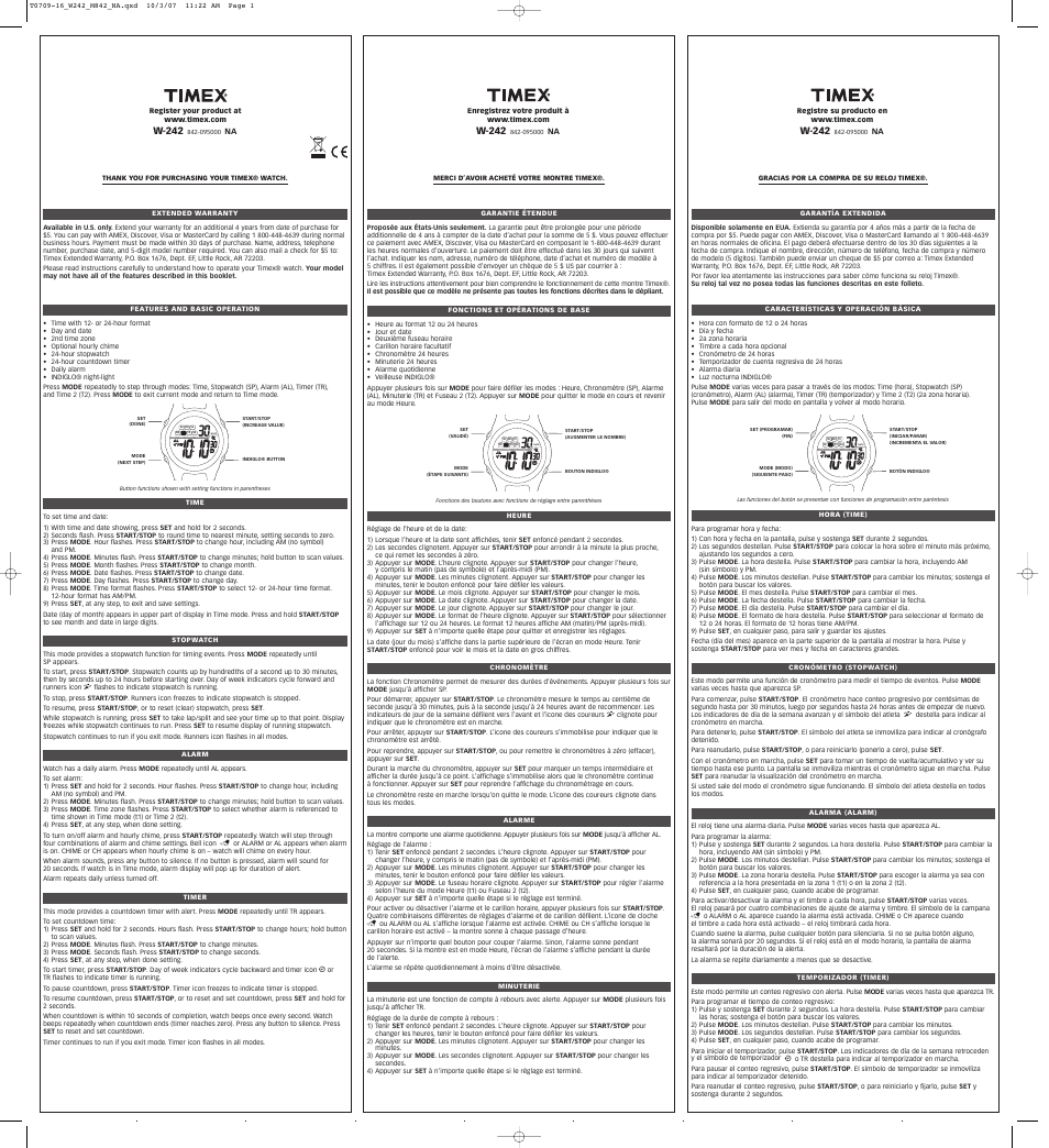 Timex 842-095000 User Manual | 2 pages