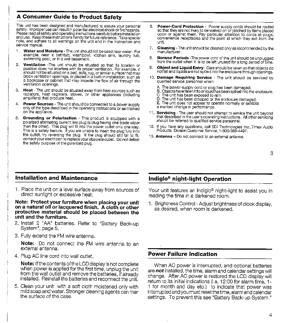 A consumer guide to product safety, Installation and maintenance, Indaglo'^' night-light operation | Power failure indication | Timex T433 User Manual | Page 2 / 8