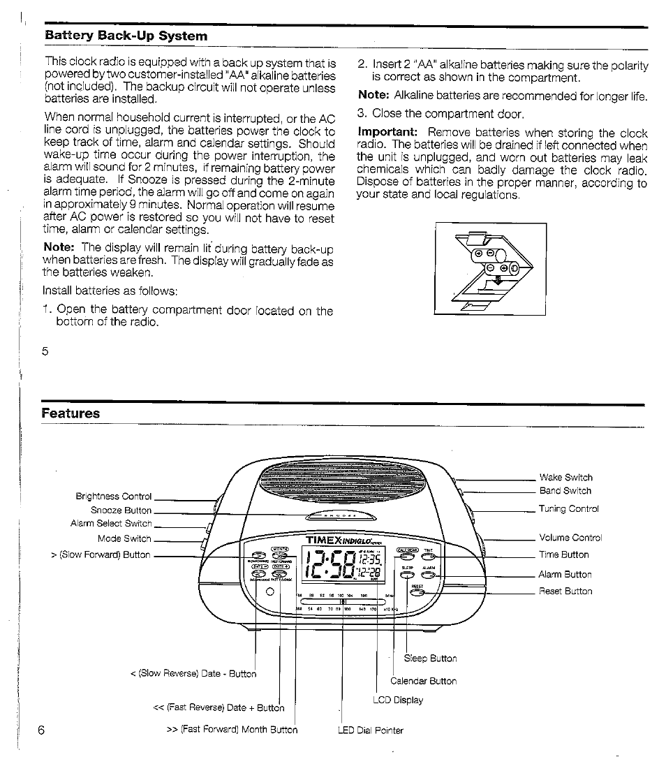 Battery back-up system, Features | Timex T433 User Manual | Page 3 / 8