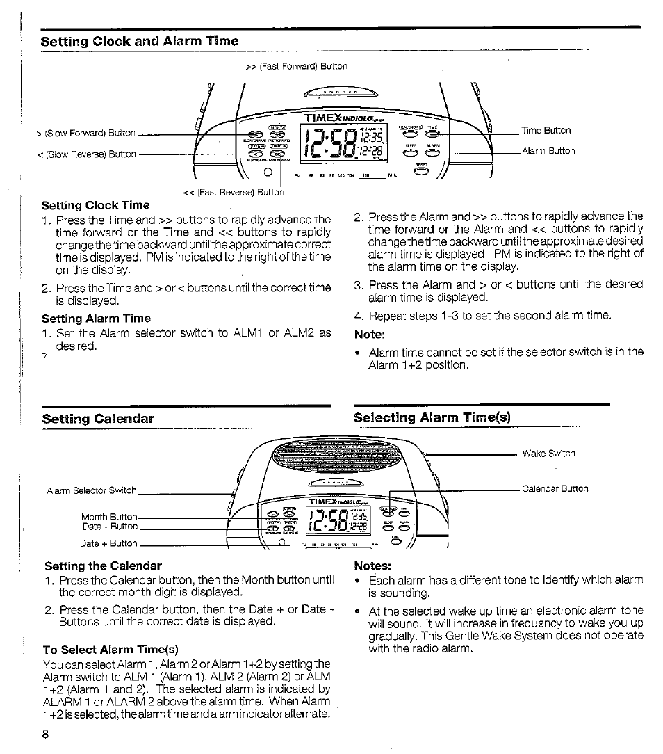 Setting clock time, Note, Setting the calendar | To select alarm time(s), Notes, Setting calendar selecting alarm time(s) | Timex T433 User Manual | Page 4 / 8