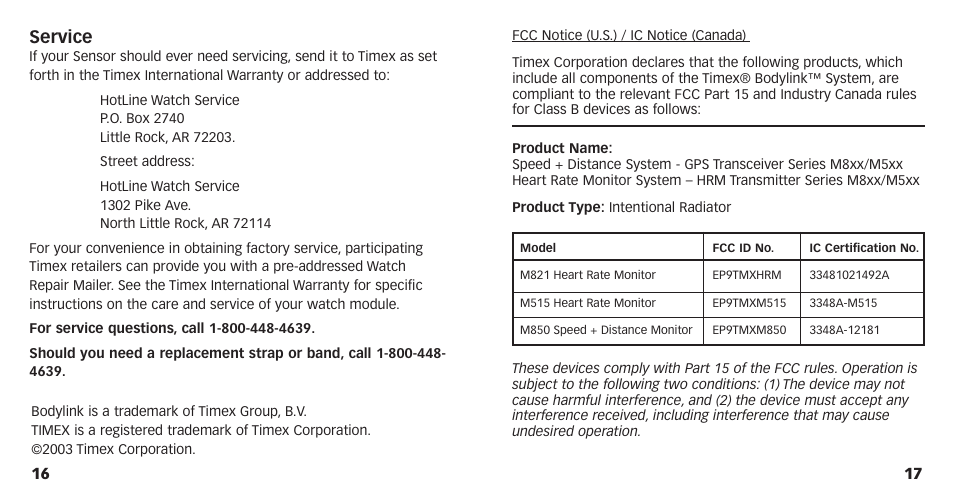 Service | Timex M821 User Manual | Page 10 / 11