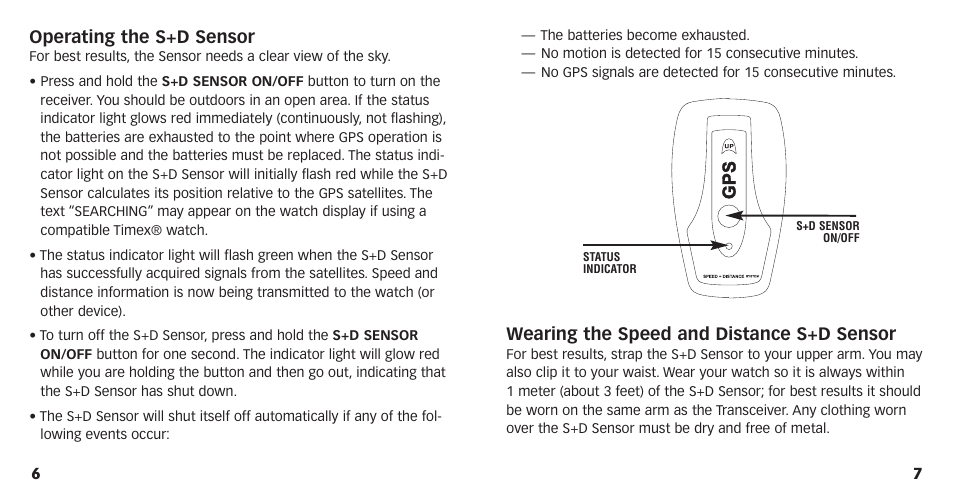 Operating the s+d sensor, Wearing the speed and distance s+d sensor | Timex M821 User Manual | Page 5 / 11