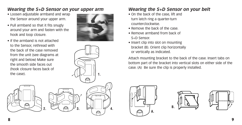 Wearing the s+d sensor on your upper arm, Wearing the s+d sensor on your belt | Timex M821 User Manual | Page 6 / 11