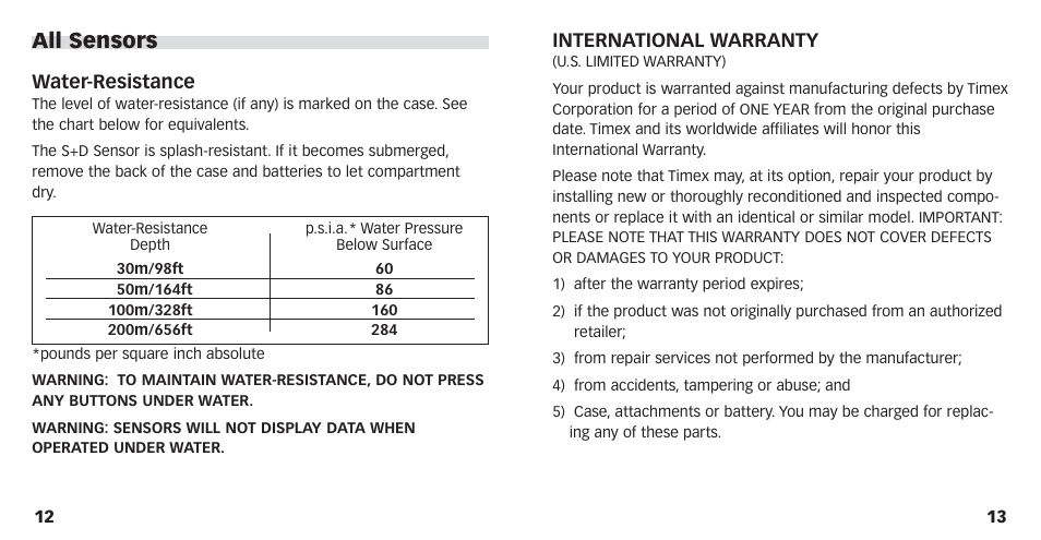 All sensors, International warranty, Water-resistance | Timex M821 User Manual | Page 8 / 11