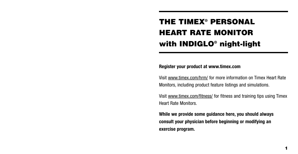 The timex, Personal heart rate monitor with indiglo, Night-light | Timex W228 User Manual | Page 2 / 8