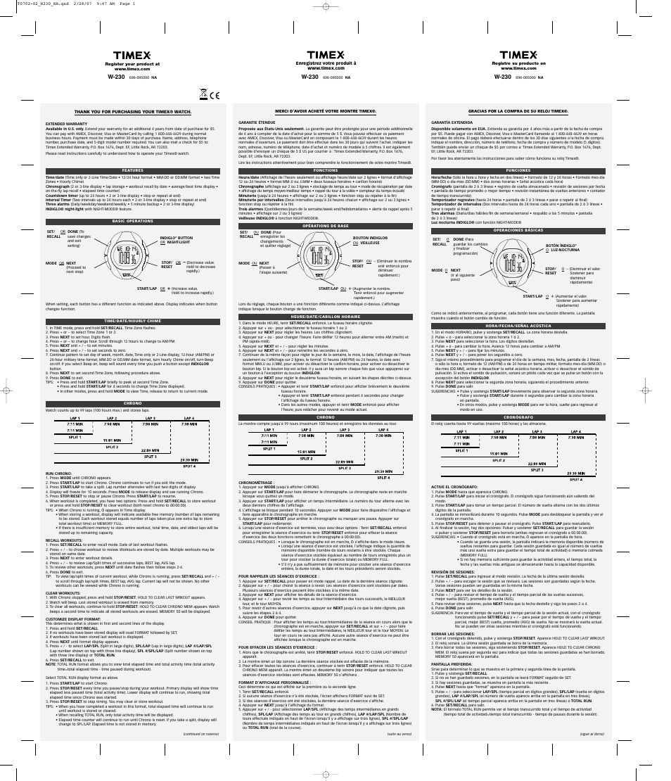 Timex 696-095000 NA User Manual | 2 pages