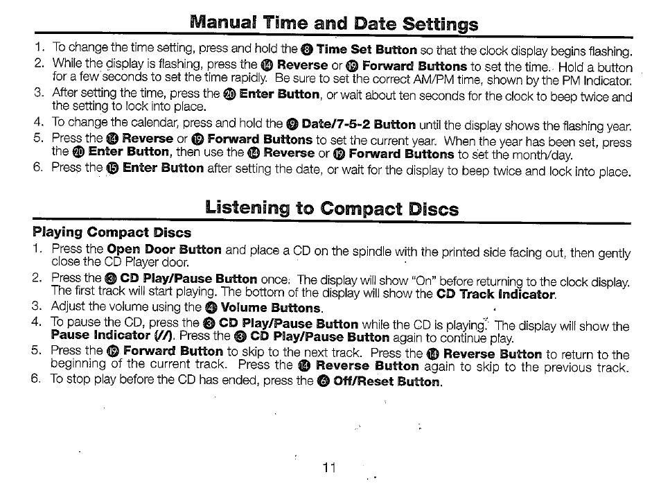 Manual time and date settings, Listening to compact discs | Timex T625B User Manual | Page 11 / 20