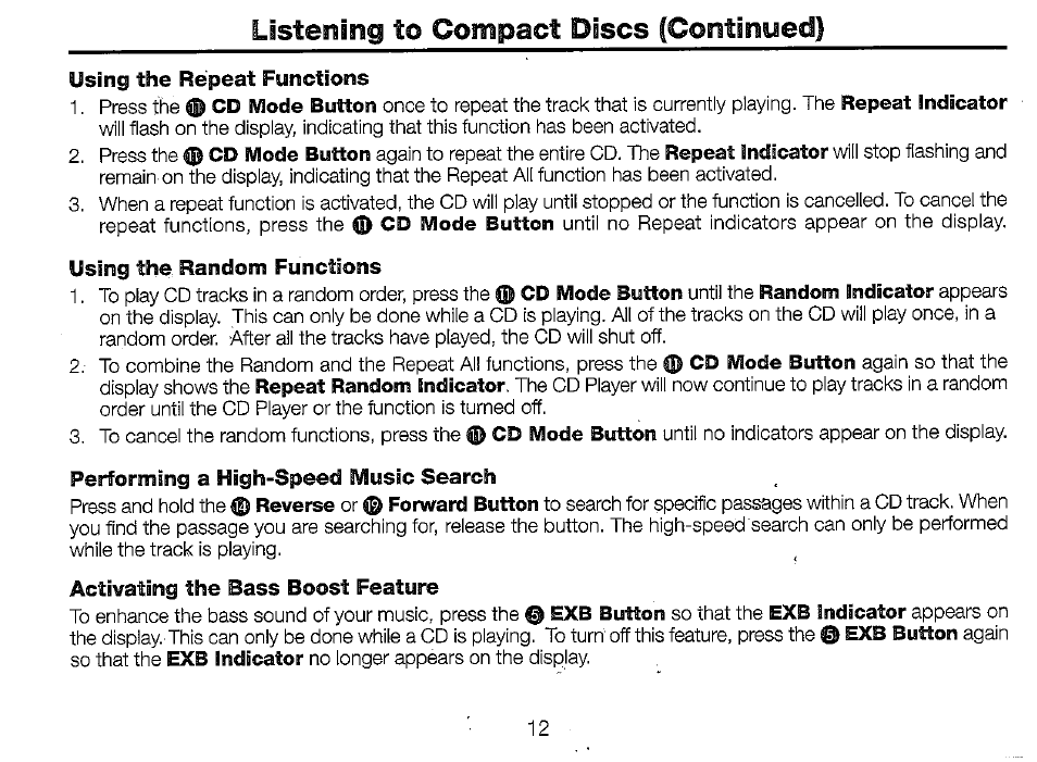 Listening to compact discs (continued), Using the repeat functions, Using the random functions | Timex T625B User Manual | Page 12 / 20