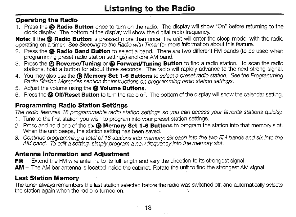 Listening to the radio | Timex T625B User Manual | Page 13 / 20