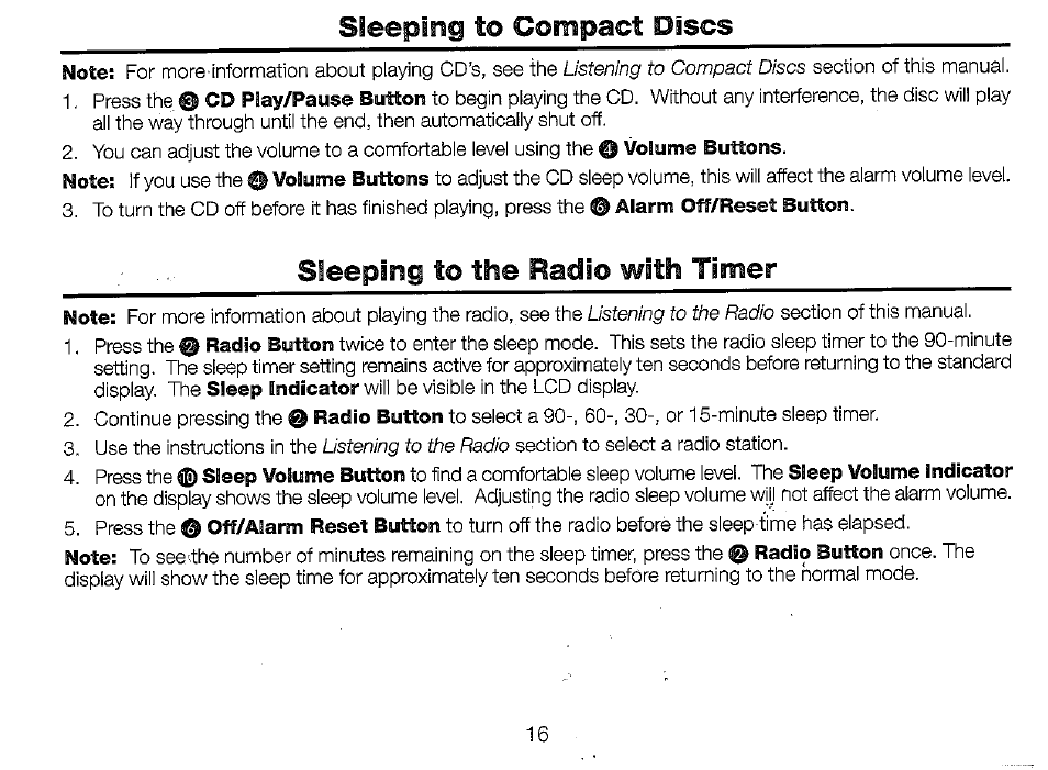 Sleeping to compact discs, Sleeping to the radio with timer | Timex T625B User Manual | Page 16 / 20