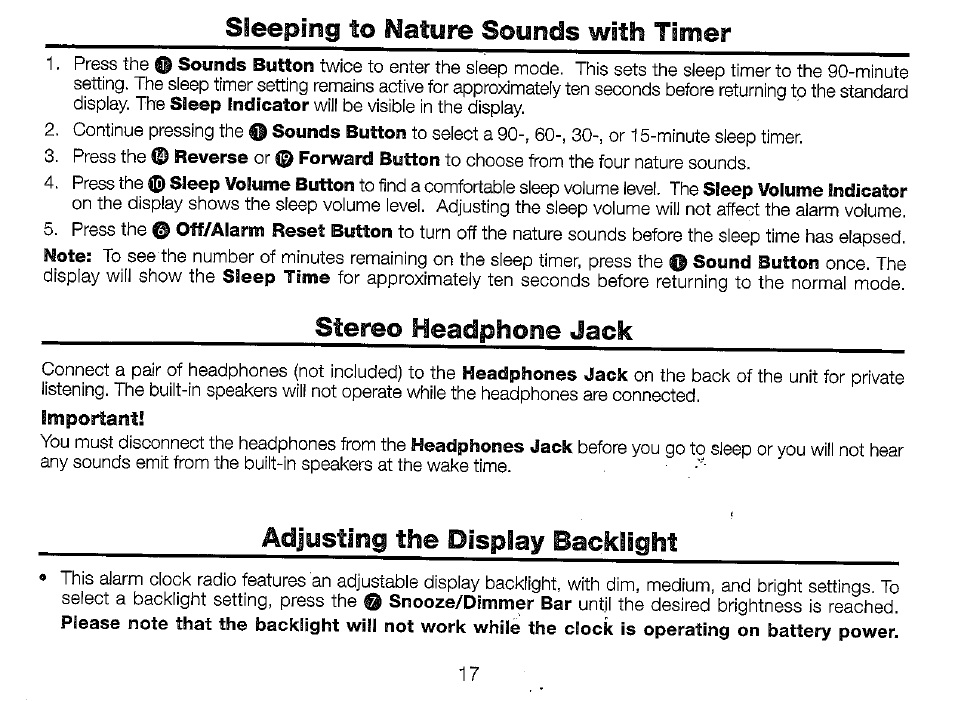 Sleeping to nature sounds with timer, Stereo headphone jack, Adjusting the display backlight | Timex T625B User Manual | Page 17 / 20