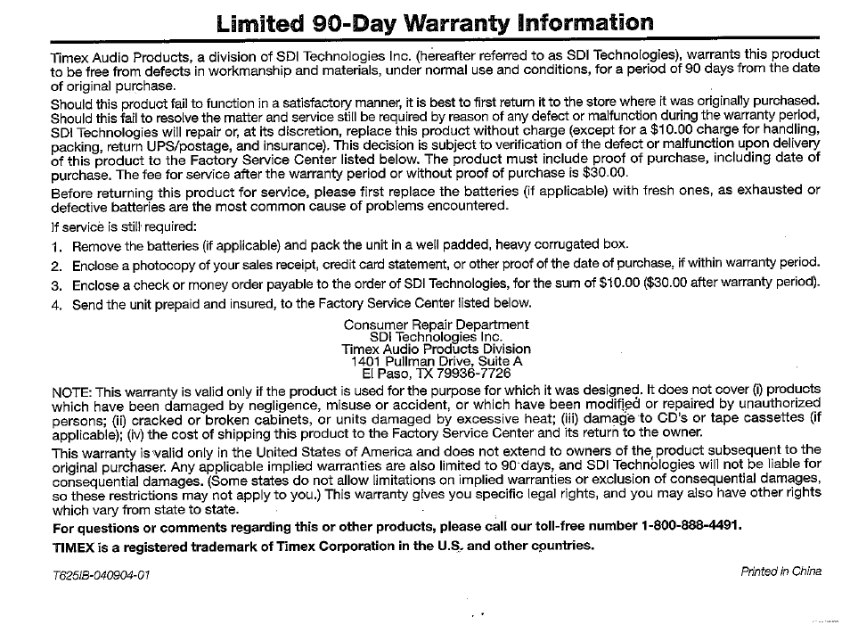 Limited 90-day warranty information | Timex T625B User Manual | Page 20 / 20