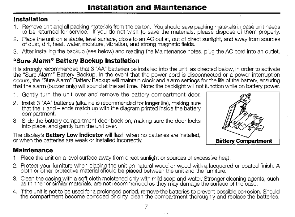 Ivlaintenance, Installation and fvlalntenance | Timex T625B User Manual | Page 7 / 20