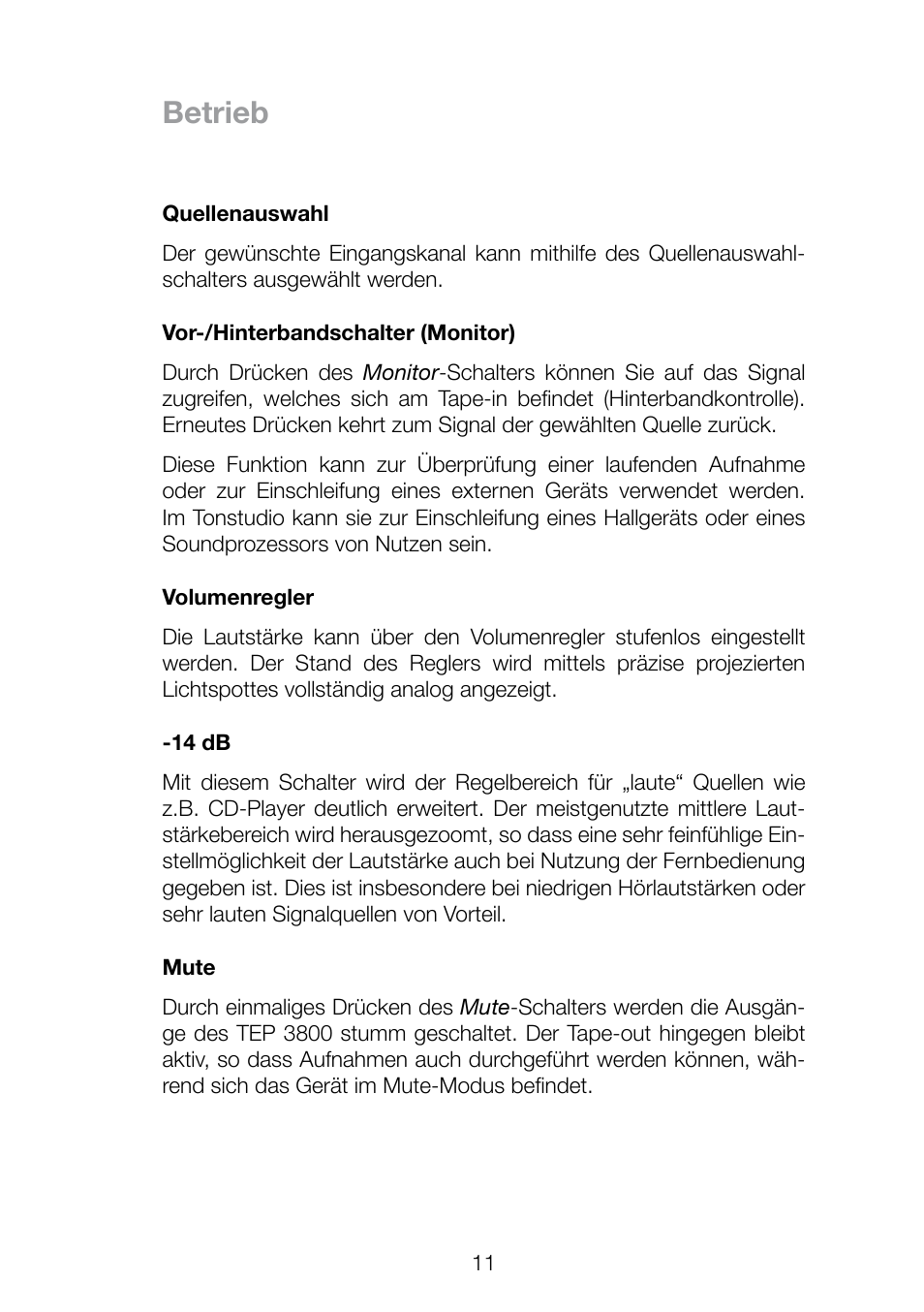 Betrieb | THORENS TEP 3800 User Manual | Page 11 / 52