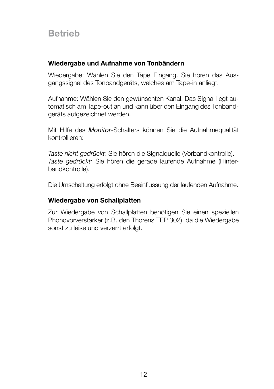 Betrieb | THORENS TEP 3800 User Manual | Page 12 / 52