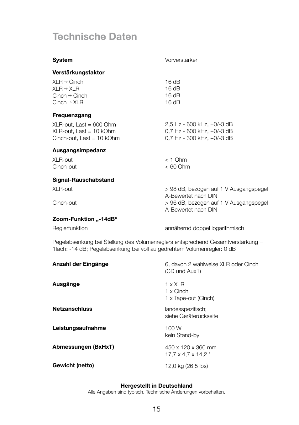 Technische daten | THORENS TEP 3800 User Manual | Page 15 / 52