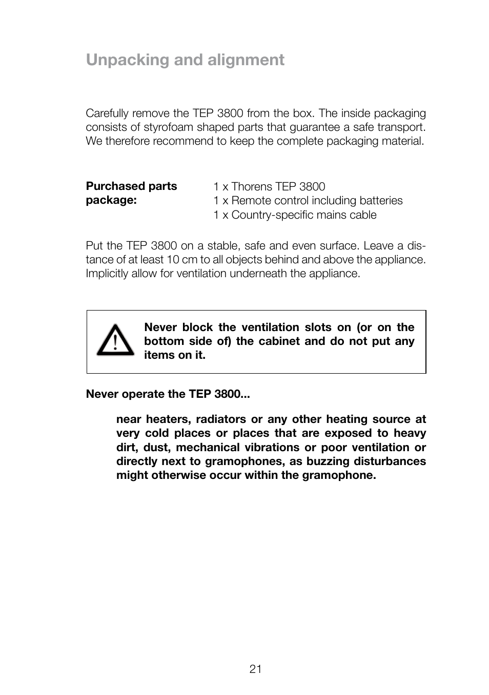 Unpacking and alignment | THORENS TEP 3800 User Manual | Page 21 / 52