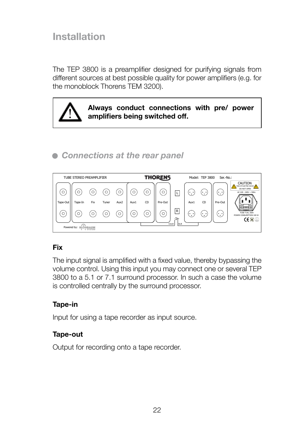 Installation, Connections at the rear panel | THORENS TEP 3800 User Manual | Page 22 / 52