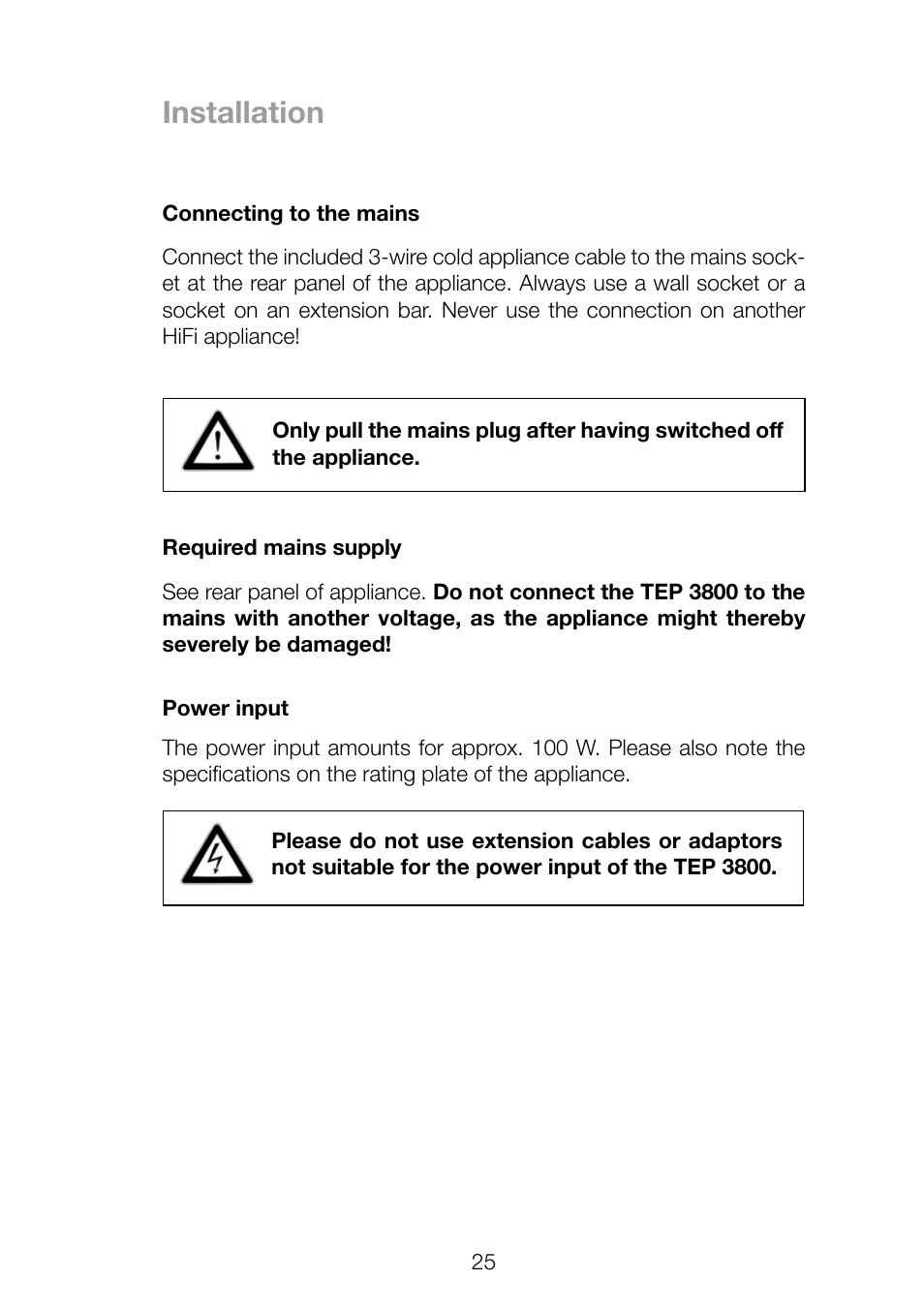 Installation | THORENS TEP 3800 User Manual | Page 25 / 52