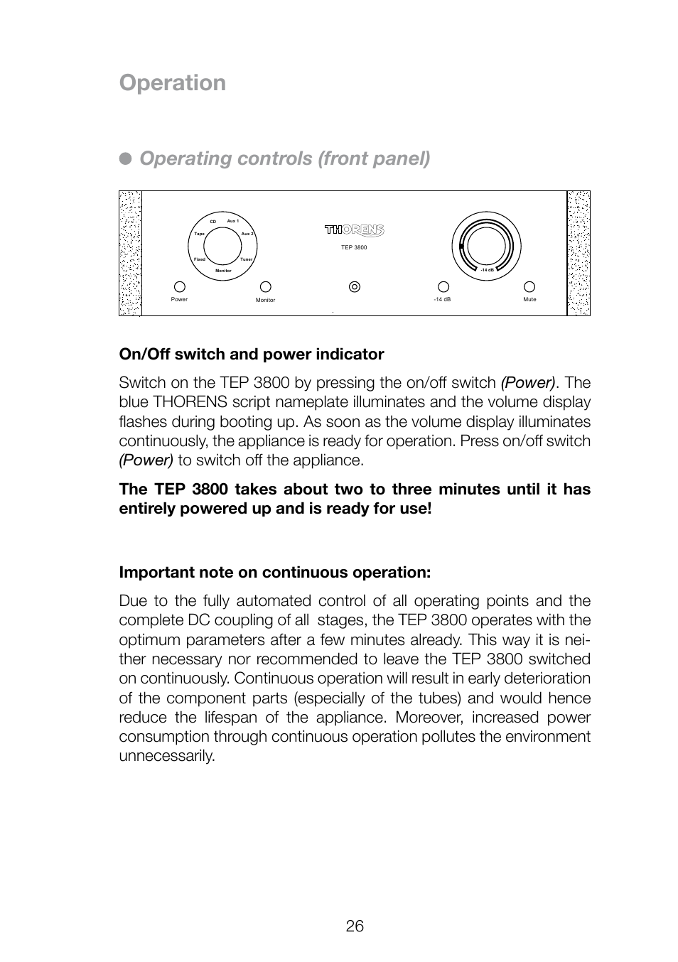 Operation, Operating controls (front panel) | THORENS TEP 3800 User Manual | Page 26 / 52