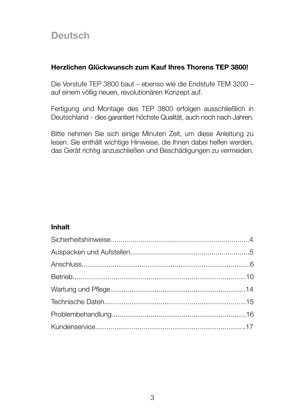 Deutsch | THORENS TEP 3800 User Manual | Page 3 / 52