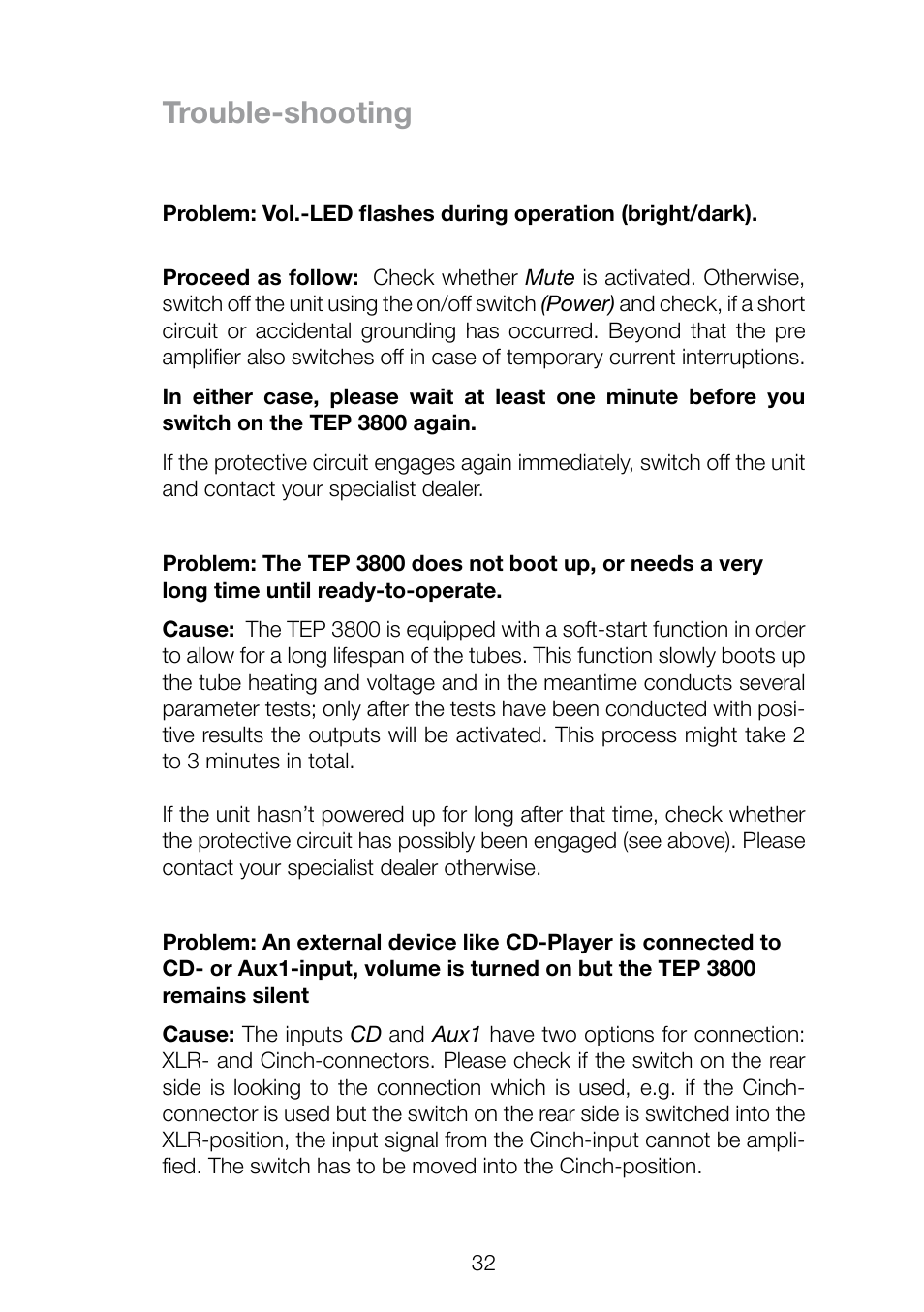 Trouble-shooting | THORENS TEP 3800 User Manual | Page 32 / 52
