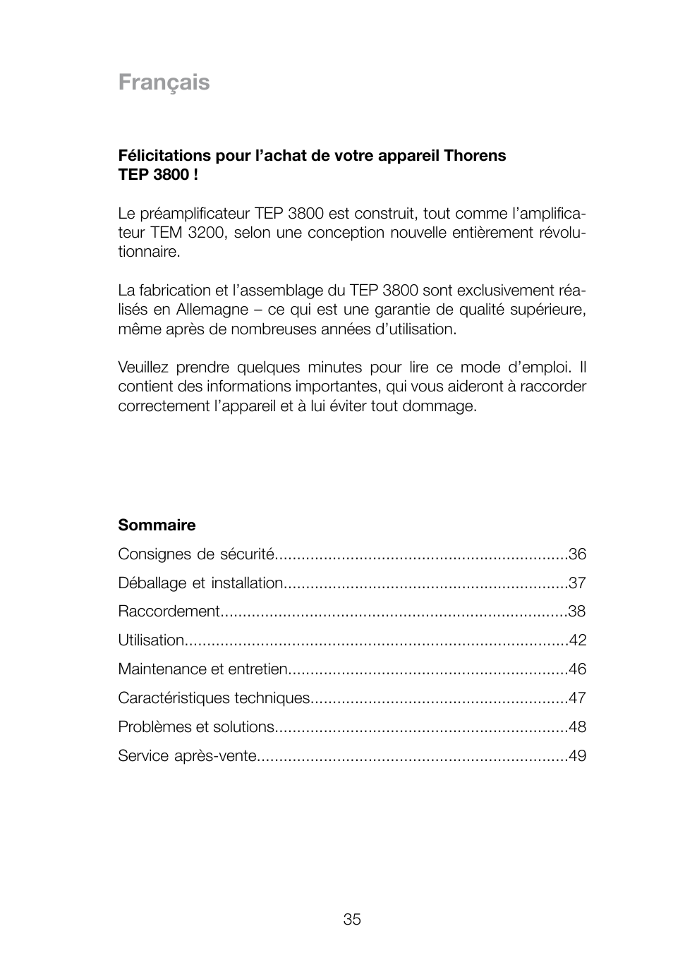 Français | THORENS TEP 3800 User Manual | Page 35 / 52