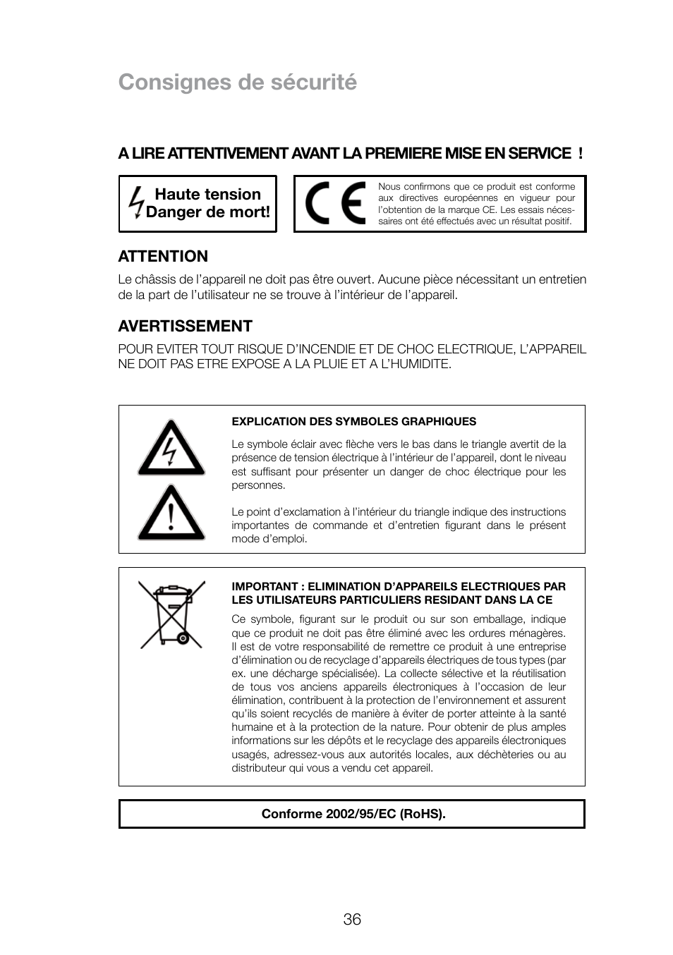 Consignes de sécurité | THORENS TEP 3800 User Manual | Page 36 / 52