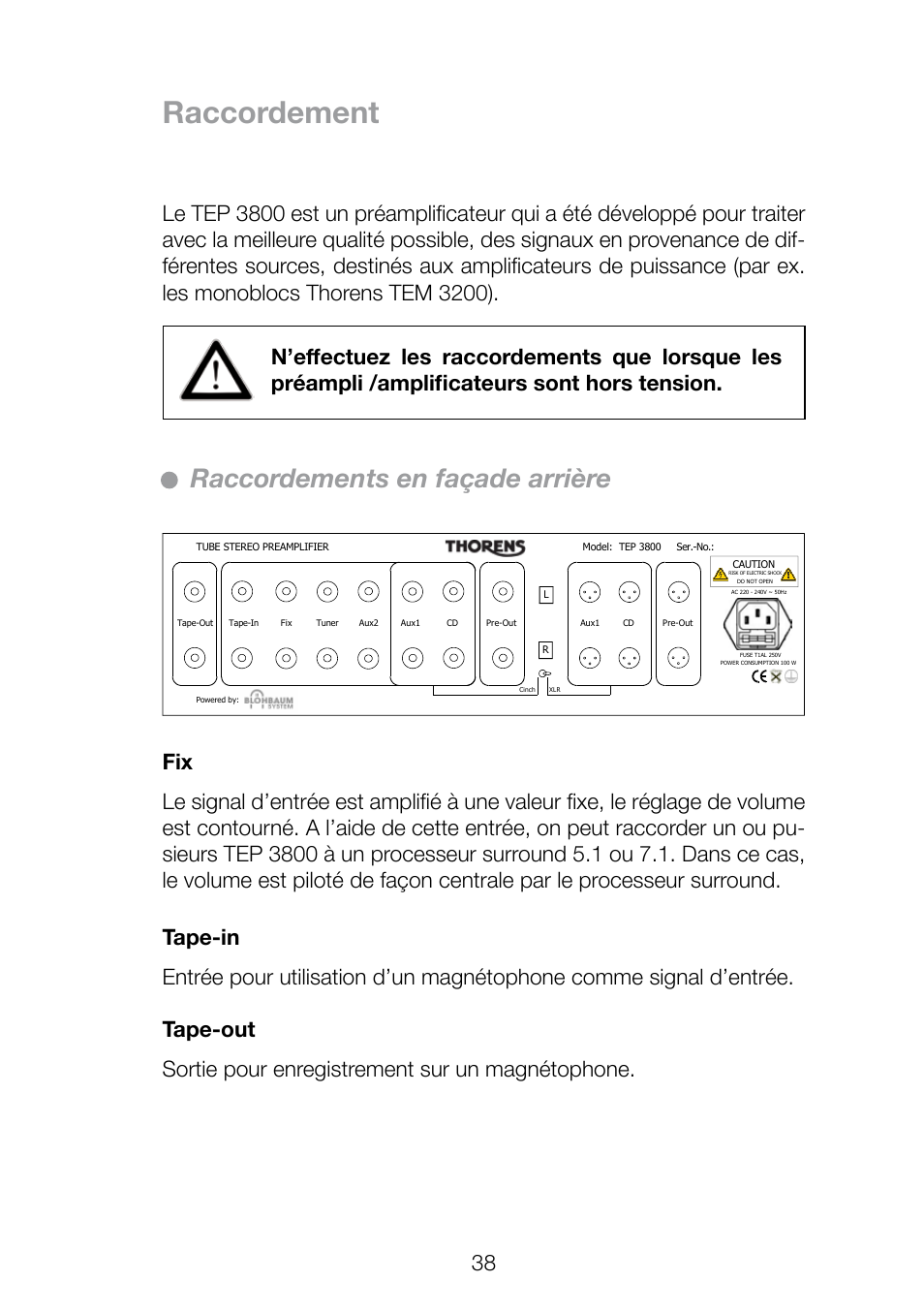 Raccordement, Raccordements en façade arrière | THORENS TEP 3800 User Manual | Page 38 / 52