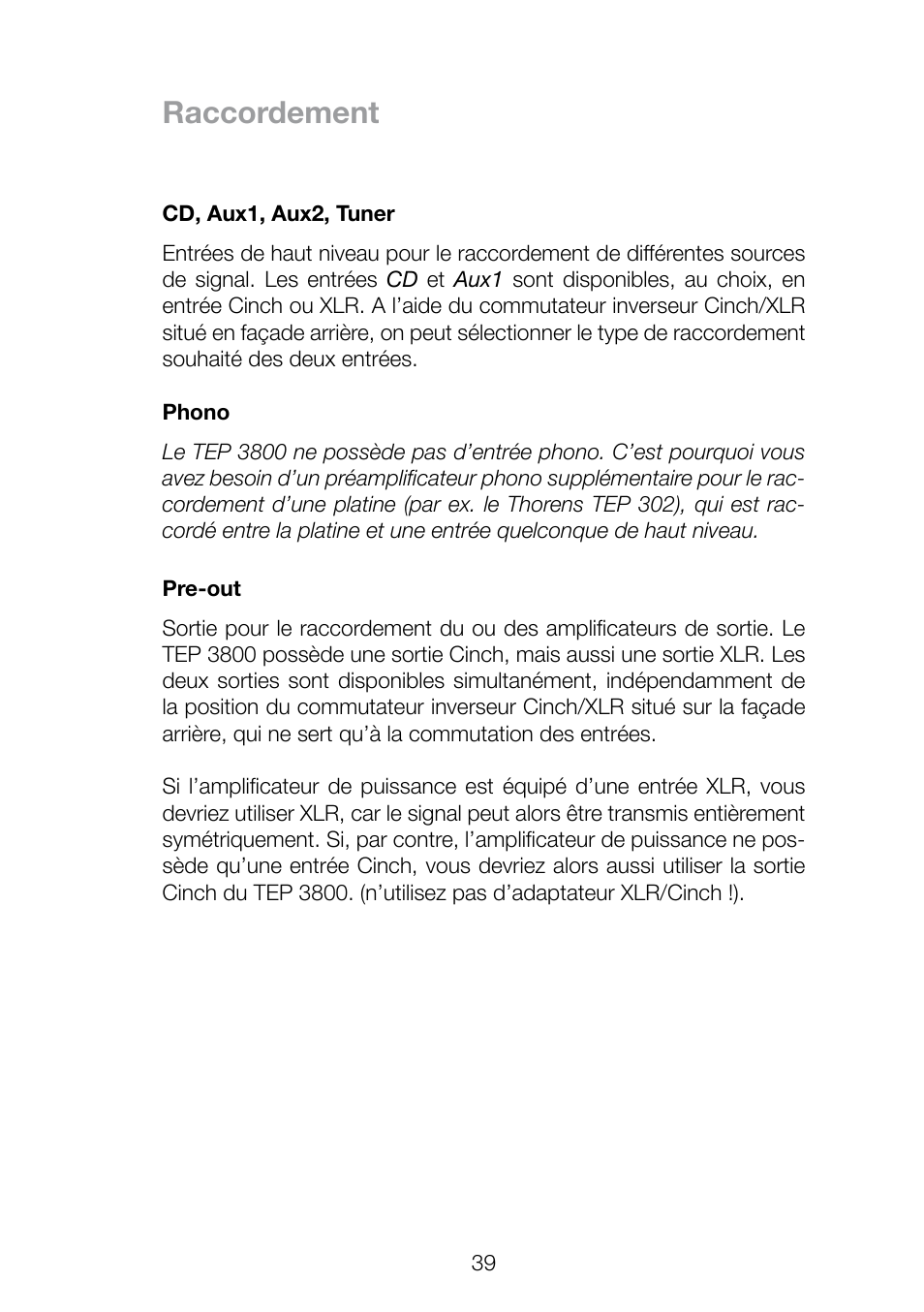 Raccordement | THORENS TEP 3800 User Manual | Page 39 / 52