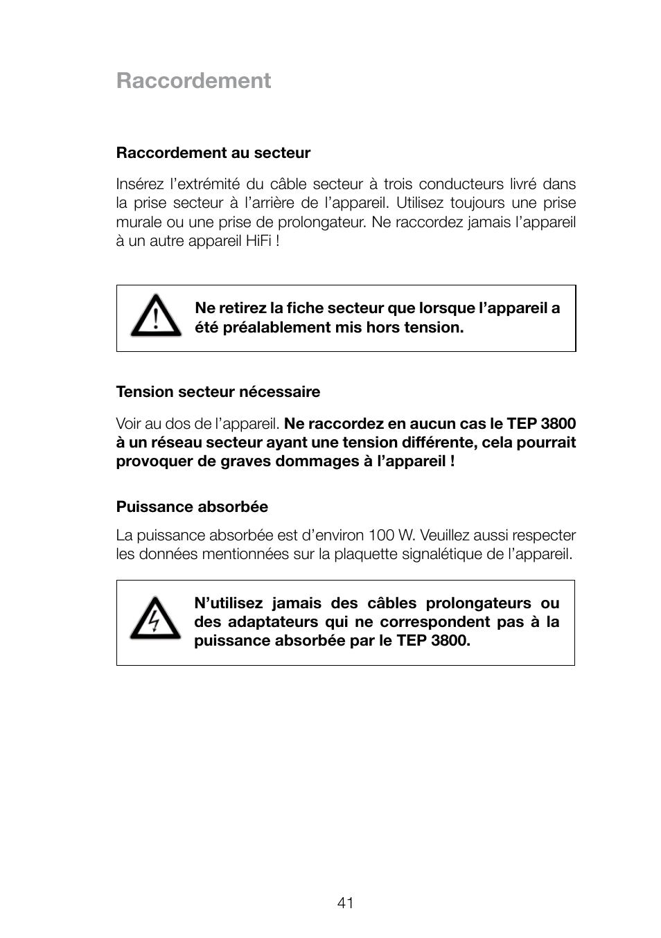 Raccordement | THORENS TEP 3800 User Manual | Page 41 / 52