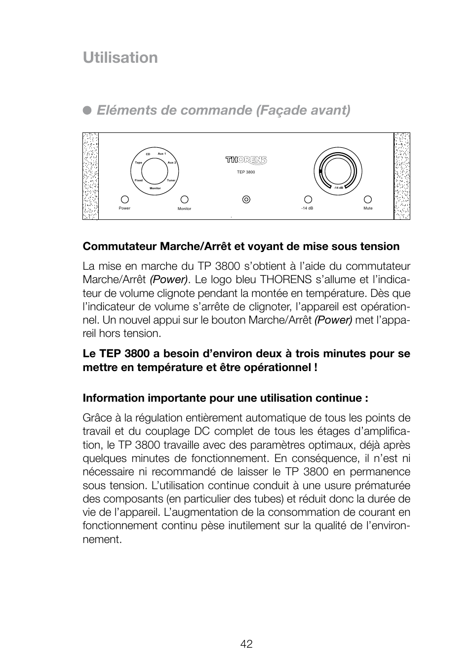 Utilisation, Eléments de commande (façade avant) | THORENS TEP 3800 User Manual | Page 42 / 52