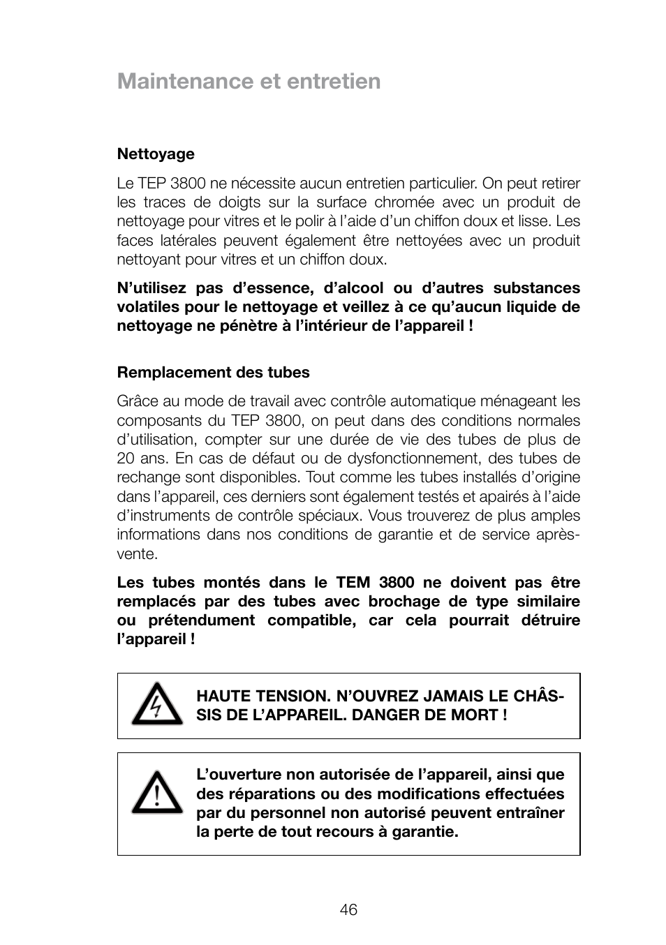Maintenance et entretien | THORENS TEP 3800 User Manual | Page 46 / 52