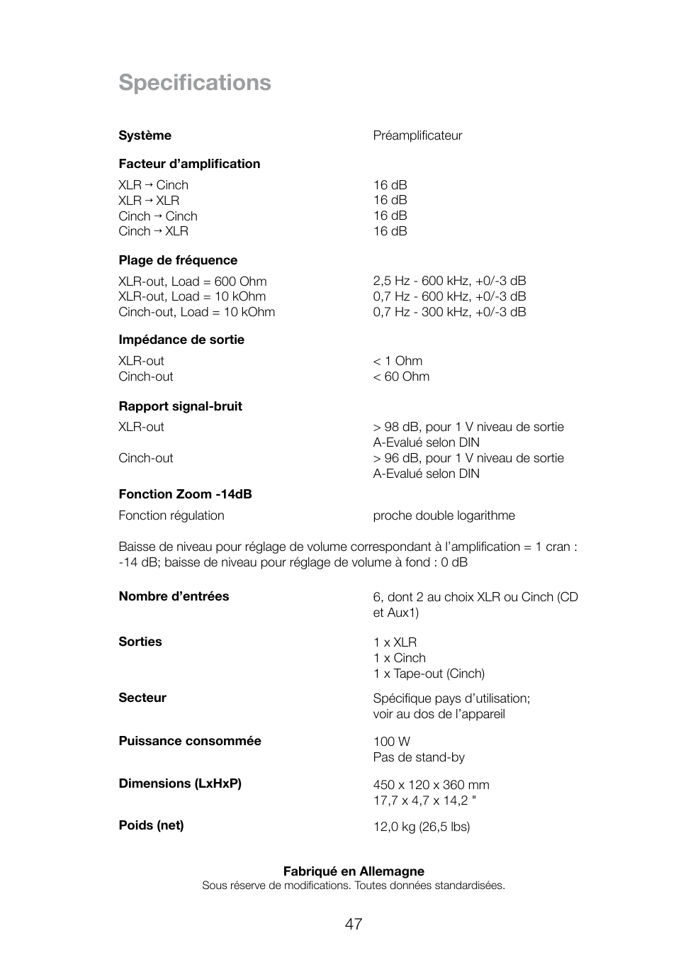 Specifications | THORENS TEP 3800 User Manual | Page 47 / 52